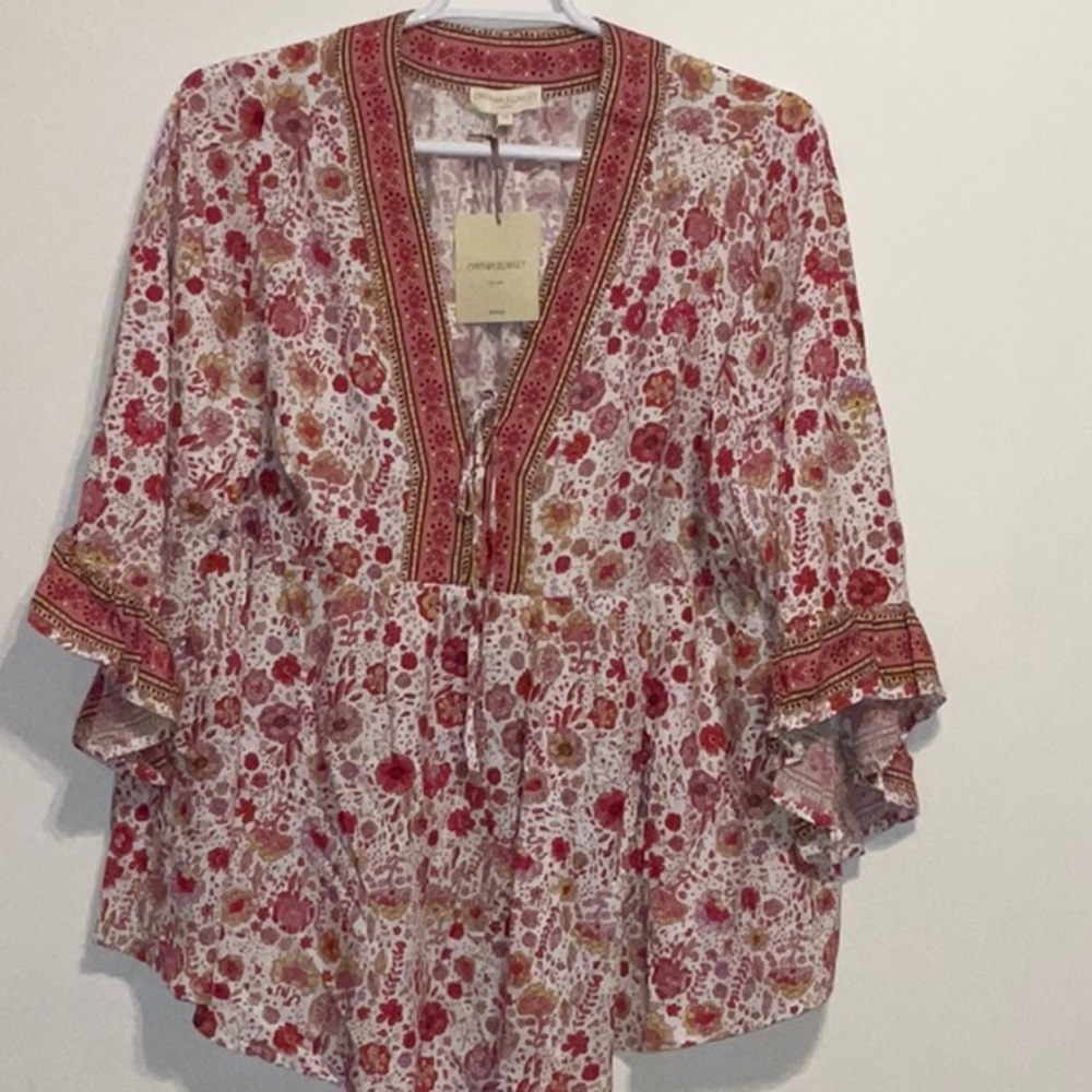 CYNTHIA ROWLEY BOHO SHABBY CHIC RED FLORAL RAYON TUNIC RUFFLED SLEEVES 2X NWT